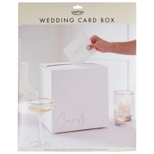 Elegant white wedding card box with gold foil writing, measuring 25cm, perfect for collecting guest cards and well-wishes.