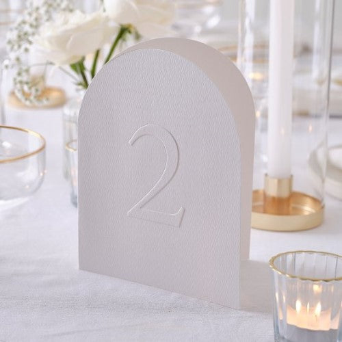 Elegant Modern Luxe Table Numbers - Pack of 12 with embossed finish for upscale wedding decor and guest seating guidance.