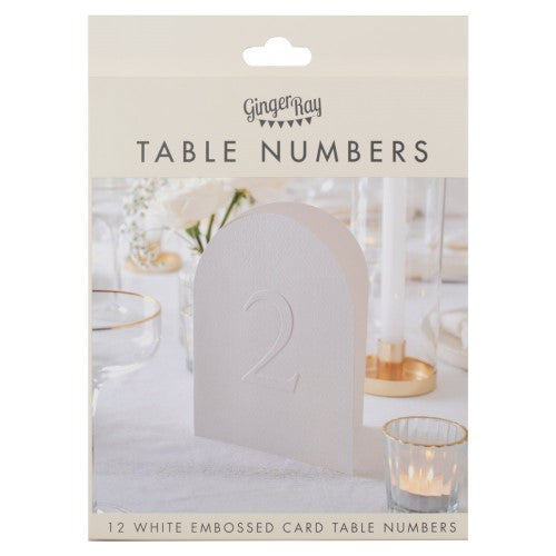 Elegant pack of 12 embossed table numbers designed to enhance wedding decor with modern luxury and sophistication.