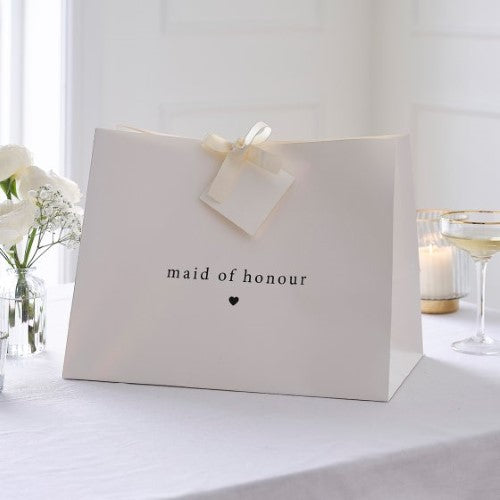 Elegant Modern Luxe Maid of Honour gift bag with off-white ribbon, tissue paper, and card tag for bridal celebrations.