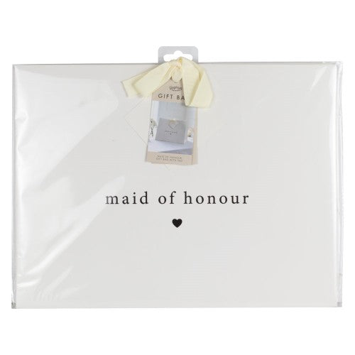 Elegant Modern Luxe Maid of Honour gift bag with off-white ribbon, tissue paper, and a card tag for bridal gifts.