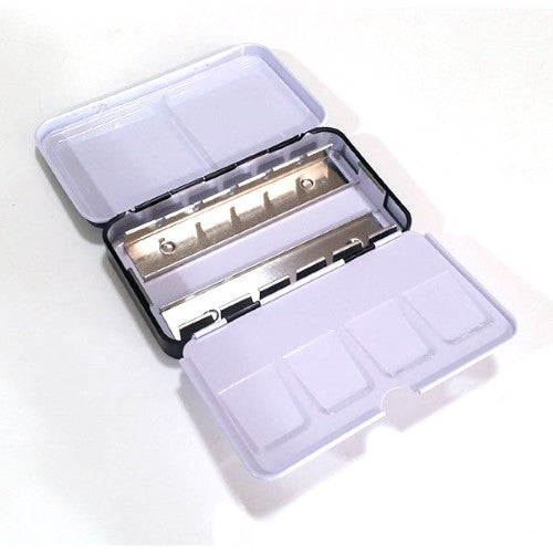 Mungyo Watercolour Tin Empty for customizing palettes, holds 12 half pans, with fold-out wells and thumb ring for easy use.