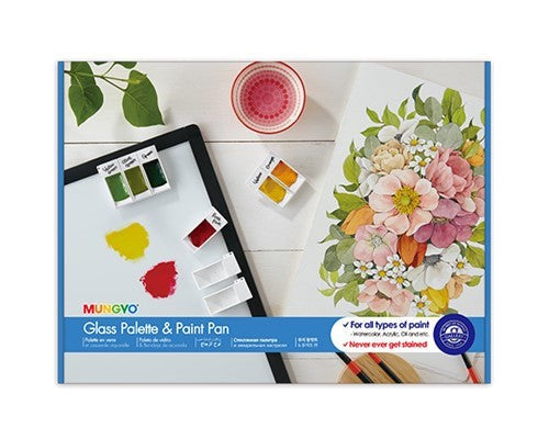 Mungyo Glass Palette Set (300x400mm) with durable glass and magnetic pans for easy color organization and cleanup.