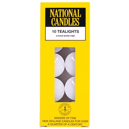 Pack of 10 premium tealight candles from New Zealand, perfect for creating a cozy ambiance with up to 8 hours of burn time.