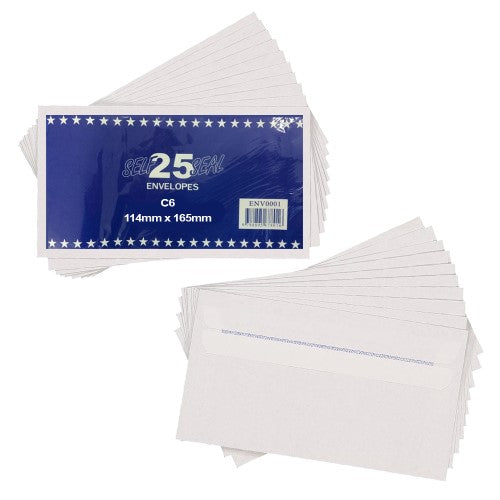 Self-sealing small envelopes 114x162mm in a 25-pack (6 Pack) for easy, secure mailing of letters and documents.