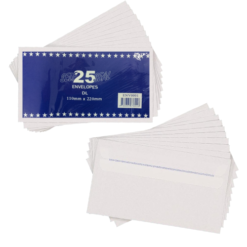 Self-sealing large envelopes (110x220mm) in a 6 pack of 25, ideal for convenient and hassle-free mailing.