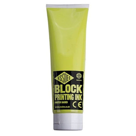 Essdee Fluo Yellow block print ink in 300ml, vibrant, non-permanent, perfect for smooth printing on various surfaces.