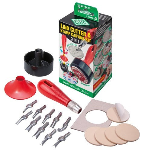 ESSDEE 3in1 Lino/Stamp Carving Kit with 10 versatile cutters and Baren tool for creating professional-quality stamps.