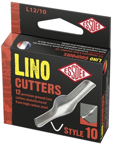 Box of 12 high-carbon steel Lino Cutters No. 1, ideal for fine lines and intricate details in linocut printing.