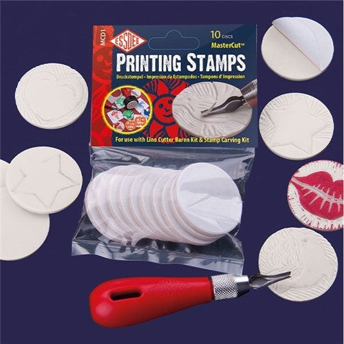 Essdee Mastercut Printing Stamps: 10 self-adhesive 45mm discs for crafting unique designs and personalized artwork.