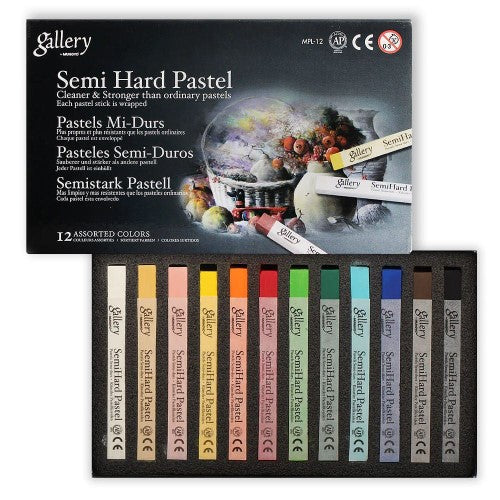 Vibrant 12-piece semi-hard pastel set for precise blending, detail, and shading in various artistic projects.