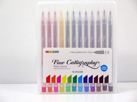 Mungyo Fine Calligraphy Pen Set of 12 with vibrant water-based ink and 2 mm chisel nibs in a reusable plastic case.