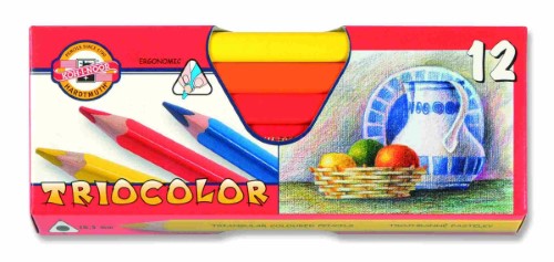 Colorful tricolour triangular pencils in a pack of 12, designed for comfort and creativity in art projects.