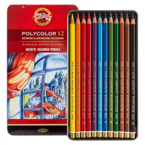 Set of 12 vibrant Polycolor colored pencils made from noble fir wood, featuring water-fast pigments for lasting artwork.