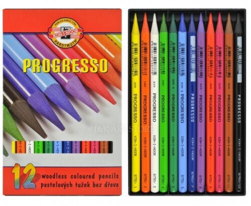 Vibrant Koh-I-Noor Progresso woodless coloured pencils with thick, pigmented strips for expressive artwork and easy sharpening.