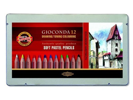 Premium 12-pack Gioconda soft pastel pencils, vibrant colors for blending, ideal for detailed artwork and smooth gradients.