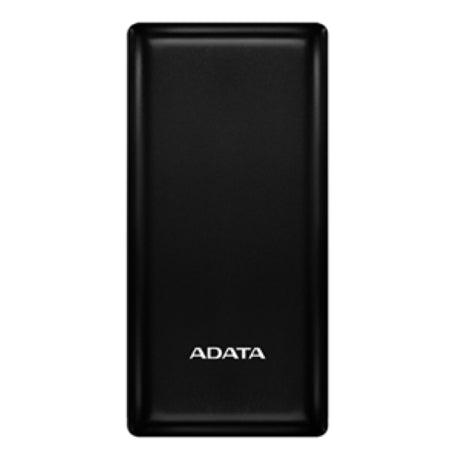 Black ADATA C20 power bank with 20000mAh capacity, charging three devices simultaneously, featuring LED indicator and safety protections.