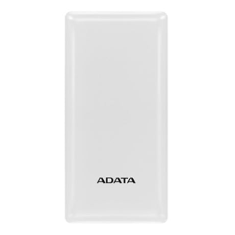 White ADATA C20 power bank with 20000mAh capacity, charging three devices simultaneously with LED indicator and safety features.