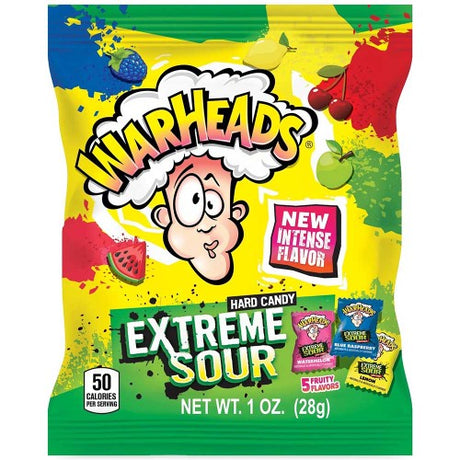 Twelve 28g packs of Warheads Extreme Sour candies in flavors: blue raspberry, watermelon, lemon, black cherry, and apple.