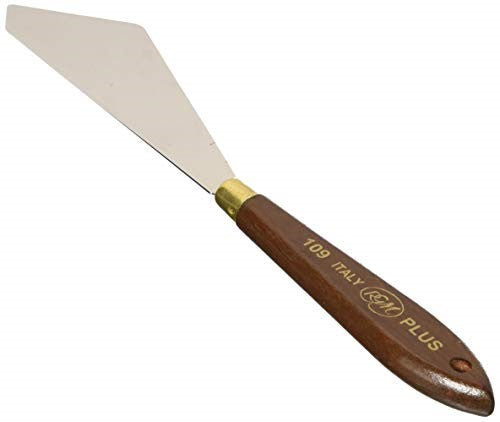 Rgm Classic Painting Knife #109 features a tempered steel blade and ergonomic wooden handle, ideal for artists seeking versatility.