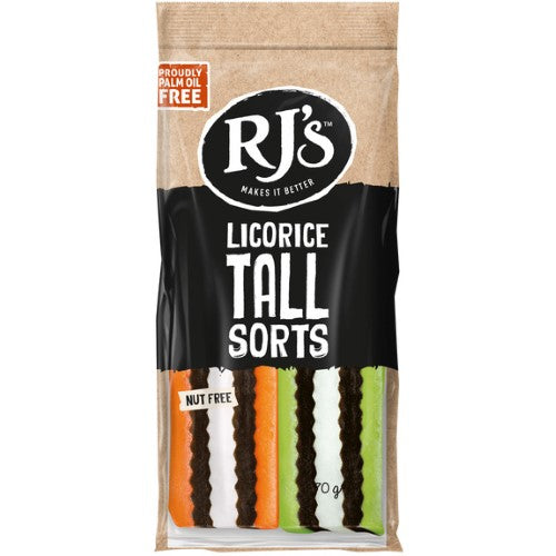 Assorted RJ's Licorice Tallsorts 70g pack featuring vibrant colors and unique shapes for an enjoyable snacking experience.