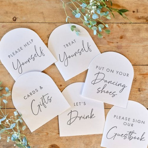 Set of 6 Rustic Romance Wedding Signs with heartfelt messages, perfect for charming country wedding decor.