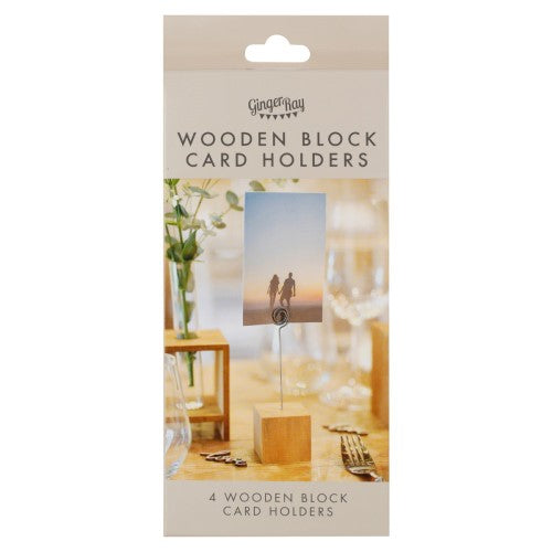 Rustic wooden block card holders with metal stands, ideal for displaying table numbers and photos at events. Pack of 4.