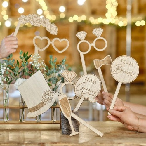 Rustic Romance wedding photo booth props, pack of 10, featuring charming wooden accessories for fun wedding photos.