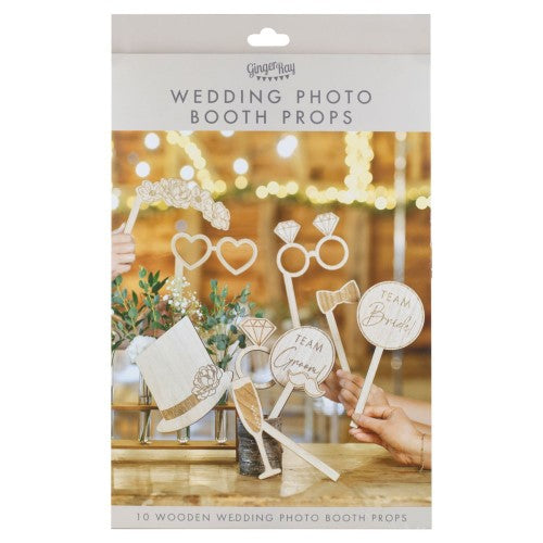 Rustic Romance Wedding Photo Booth Props featuring 10 whimsical wooden accessories for memorable wedding photo moments.