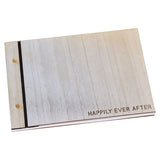 Wooden guest book with 'Happily Ever After' design, 32 lined pages for heartfelt messages, perfect for rustic weddings.