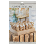 Rustic Romance Confetti Stand showcasing a cone tray for 24 cones, perfect for wedding celebrations with pastel green confetti.