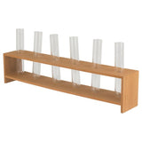 Rustic wood centrepiece with six glass test tubes for elegant flower displays, perfect for events and home decor.