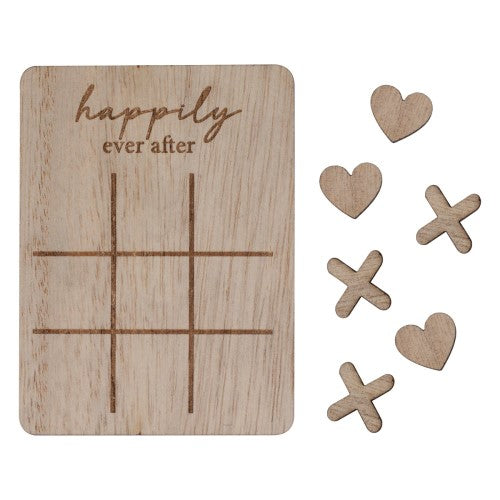 Rustic Romance Mini Noughts and Crosses game set with 'Happily Ever After' engraving, perfect for decor and gatherings.