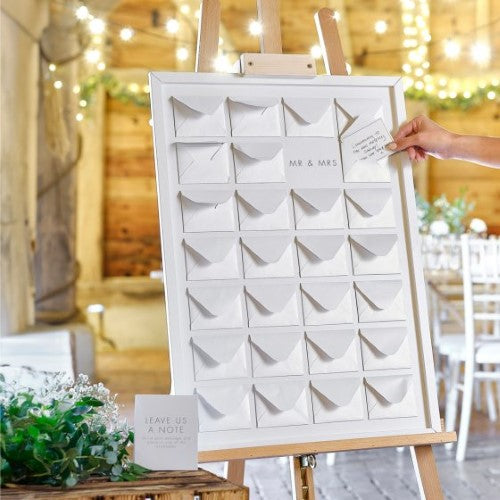 Rustic wooden guestbook frame with 27 pearlised envelopes and cardlets for heartfelt wedding messages.