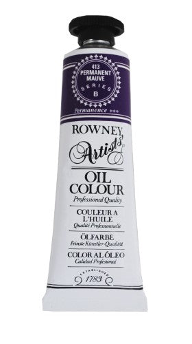 Rown Art Oils Perm Mauve 38ml tube, showcasing rich hues, thick consistency, and superior lightfastness for vibrant artwork.