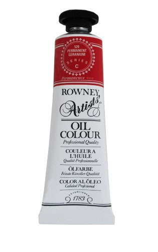 Vivid 38ml Perm Geranium oil paint by Rown Art, known for its brilliance, permanence, and buttery consistency for artists.