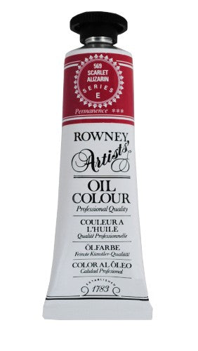 Vivid 38ml Scarlet Alizarin oil paint by Rown Art, featuring rich color brilliance and a thick, buttery consistency.