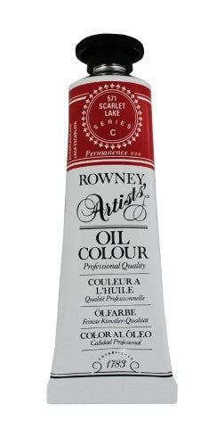 Vibrant 38ml Rown Art Oils Scarlet Lake tube, perfect for professional and hobby artists seeking brilliance and texture.