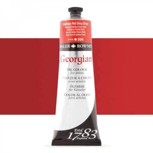 Rown Georg 225ml Cad Red Dp oil paint featuring high pigment load, buttery texture, and vibrant, permanent color for artists.