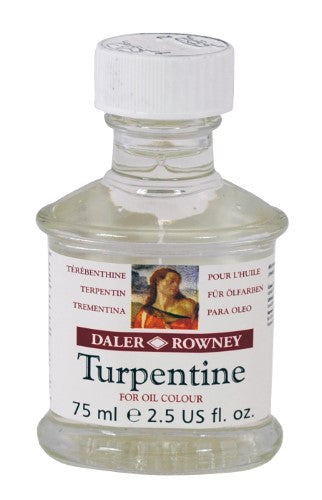 75ml bottle of Rown Turpentine by Daler-Rowney, ideal for diluting oils and cleaning brushes, creating smooth, vibrant layers.