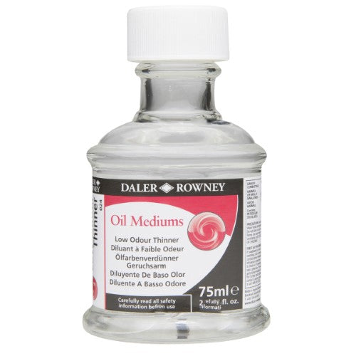 Rown 75ml Low Odour Thinner for oil painting; enhances texture, reduces odour, cleans brushes, perfect for confined spaces.