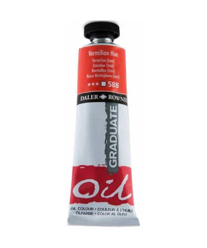 Vibrant Daler-Rowney Graduate Oil Paint in 38ml Vermilion Hue, perfect for artists seeking smooth application and excellent lightfastness.