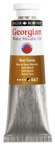 Premium 37ml Raw Sienna oil paint by Rown Gwamo, featuring water mixable formula, vibrant color, and creamy texture for artists.