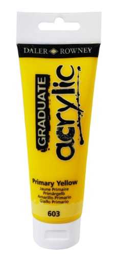 Bright Primary Yellow acrylic paint in a 120ml tube, ideal for students and hobbyists, offering vibrant color and flexibility.