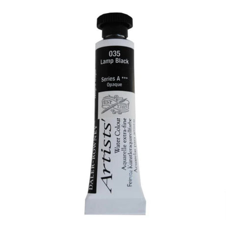 Daler-Rowney 5ml Lamp Black watercolour tube showcasing rich pigments, ideal for vibrant, long-lasting artworks.