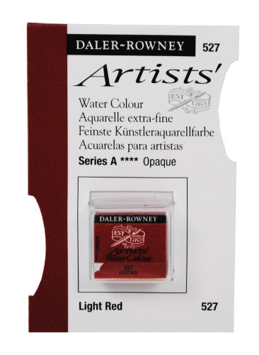 Daler Rowney Light Red watercolour half pan, rich color, smooth application, perfect for glazing and layering in artwork.
