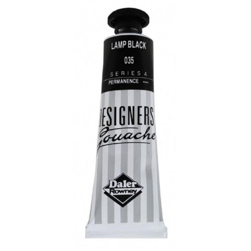 Rowney Gouache 15ml Lamp Black: Opaque black paint with strong coverage, perfect for artists and designers. Smooth application and intermixable.