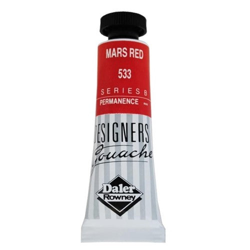 Rowney Gouache 15ml Mars Red: opaque, vibrant red paint ideal for illustrations and fine art with excellent covering power.