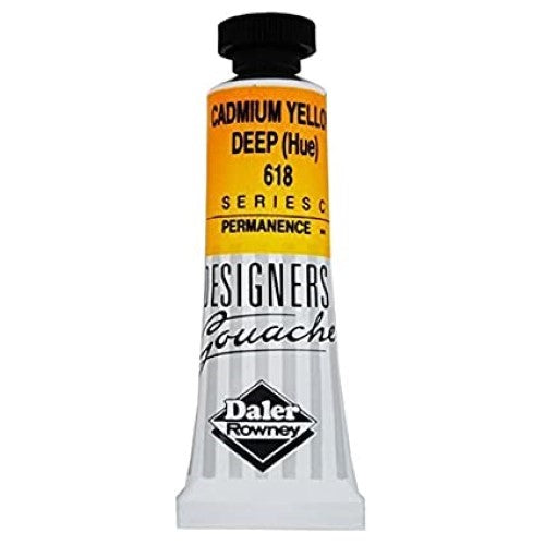 Rowney Gouache 15ml Cad Yellow Deep (Hue) tube featuring vibrant, opaque color ideal for artists, illustrations, and graphic design.