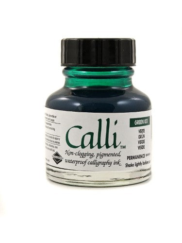 A 29.5ml bottle of Daler-Rowney green calligraphy ink, featuring rich pigmentation and excellent water resistance for seamless writing.